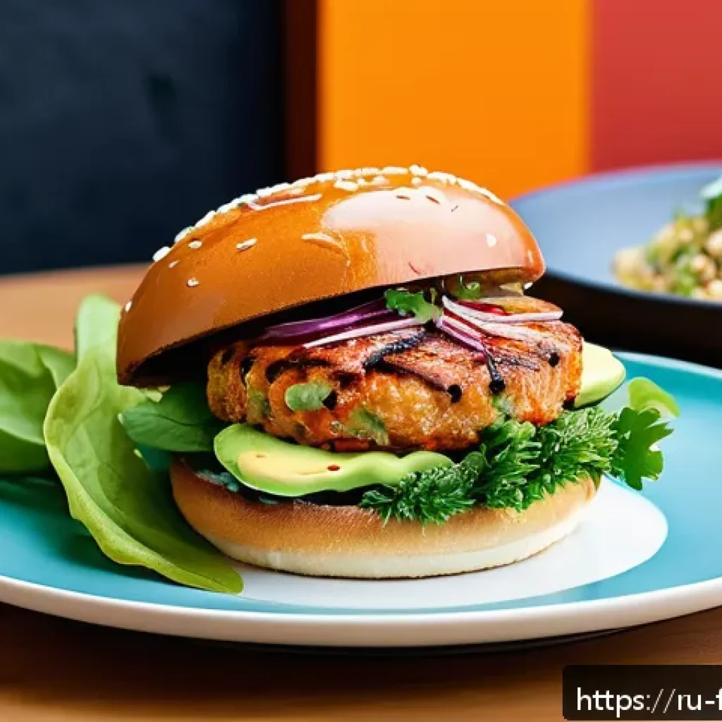 퓨전 패스트푸드 건강식 트렌드 - A vibrant fusion fast food dish showcasing a gourmet burger with a leafy green lettuce bun, filled w...