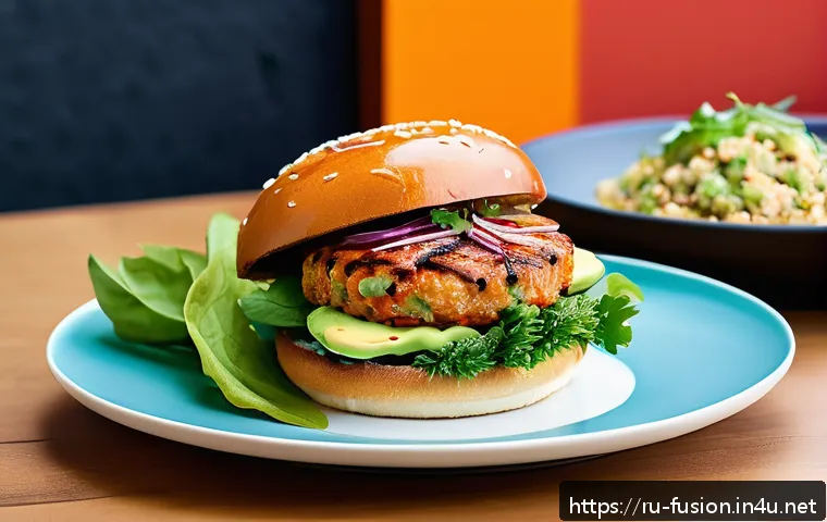 퓨전 패스트푸드 건강식 트렌드 - A vibrant fusion fast food dish showcasing a gourmet burger with a leafy green lettuce bun, filled w...