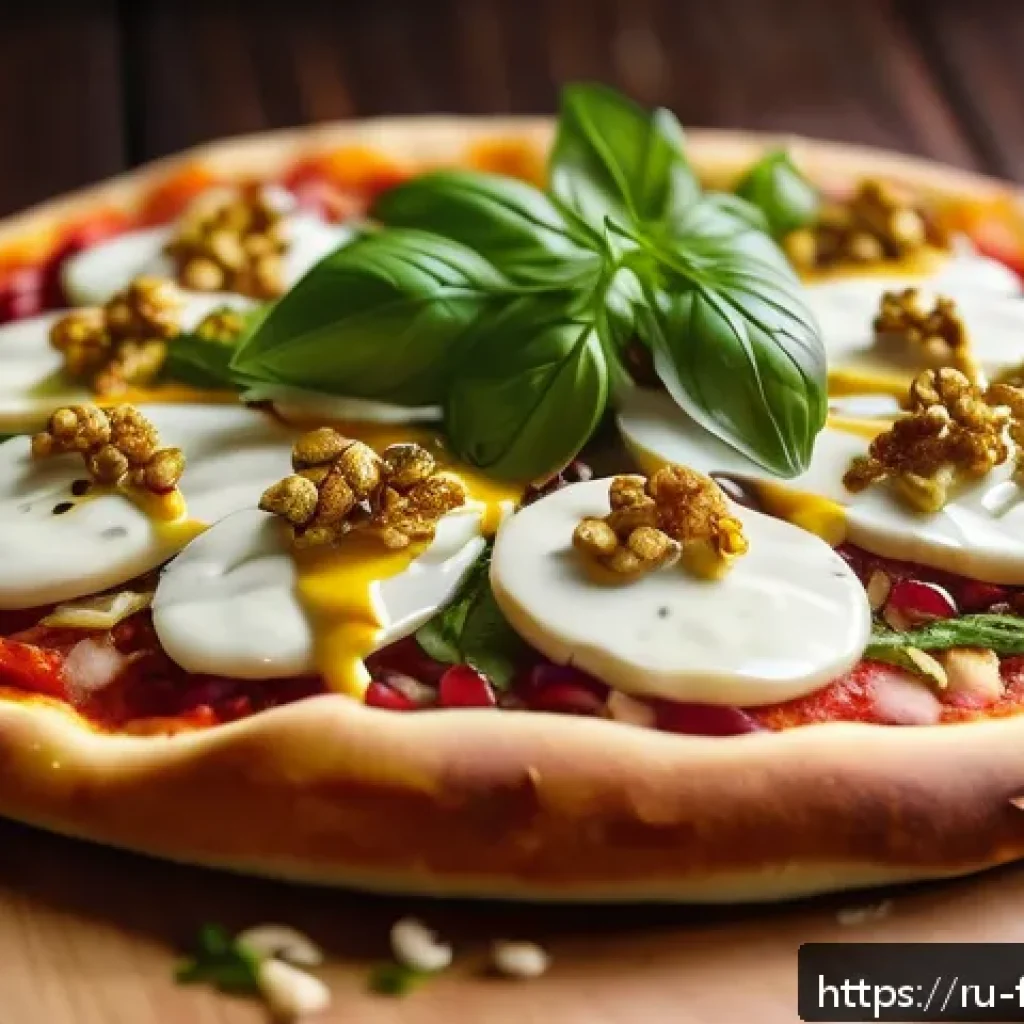 퓨전 피자 한정판 메뉴 - A close-up, high-resolution image of a fusion pizza on a rustic wooden board, featuring golden turme...