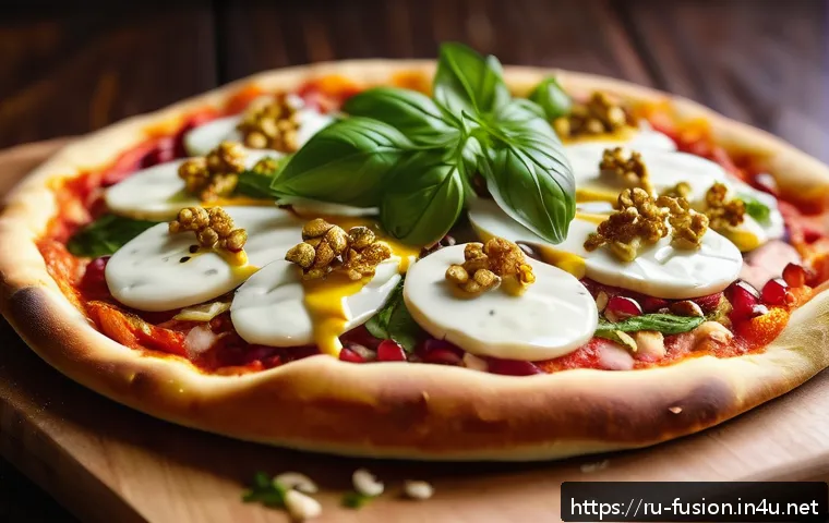 퓨전 피자 한정판 메뉴 - A close-up, high-resolution image of a fusion pizza on a rustic wooden board, featuring golden turme...