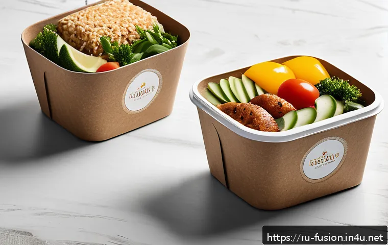 퓨전 패스트푸드 테이크아웃 용기 - A stylish eco-friendly food packaging scene showcasing biodegradable sugarcane fiber boxes designed ...