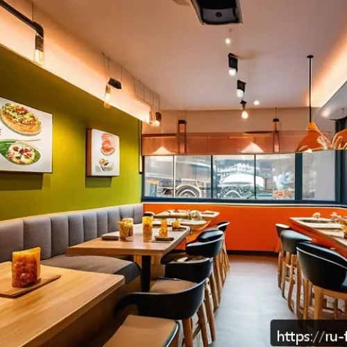 Home 33 퓨전 패스트푸드 인기 브랜드 랭킹 - A vibrant fusion fast food restaurant interior in Moscow featuring minimalist design with ethnic dec...