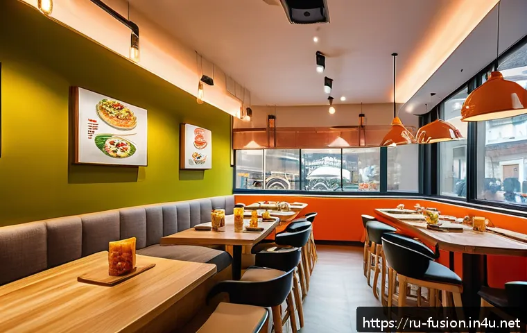 퓨전 패스트푸드 인기 브랜드 랭킹 - A vibrant fusion fast food restaurant interior in Moscow featuring minimalist design with ethnic dec...