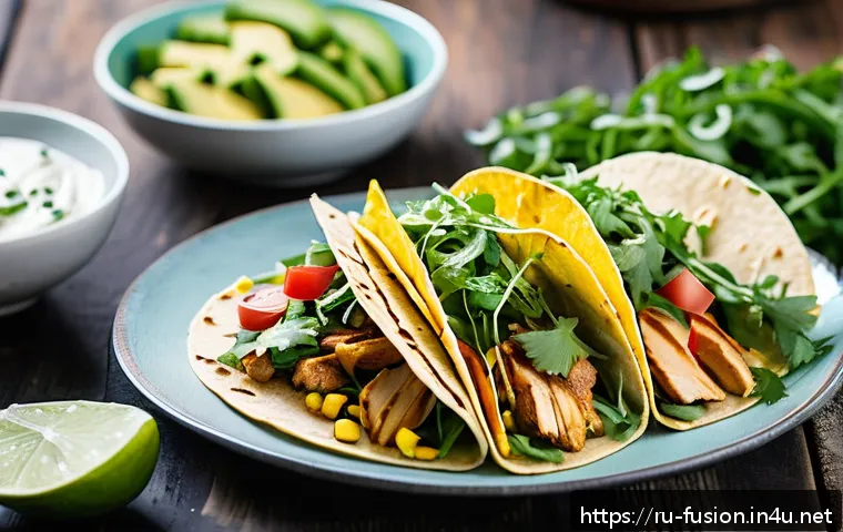 퓨전 패스트푸드의 저칼로리 옵션 - A vibrant fusion dish featuring teriyaki chicken tacos topped with fresh arugula and sliced avocado,...