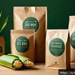 Home 19 퓨전 타코의 저탄소 포장재 - A modern eco-friendly packaging design scene showing a variety of biodegradable packaging materials ...