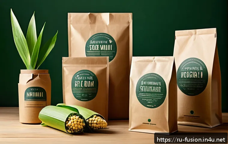 퓨전 타코의 저탄소 포장재 - A modern eco-friendly packaging design scene showing a variety of biodegradable packaging materials ...