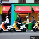 Home 18 퓨전 패스트푸드 배달 시간 비교 - A vibrant urban scene in Moscow showing a diverse group of young professionals eagerly receiving fus...