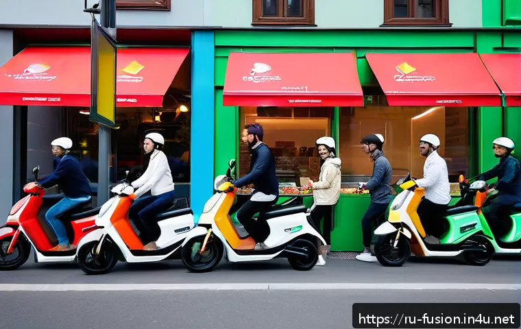 퓨전 패스트푸드 배달 시간 비교 - A vibrant urban scene in Moscow showing a diverse group of young professionals eagerly receiving fus...