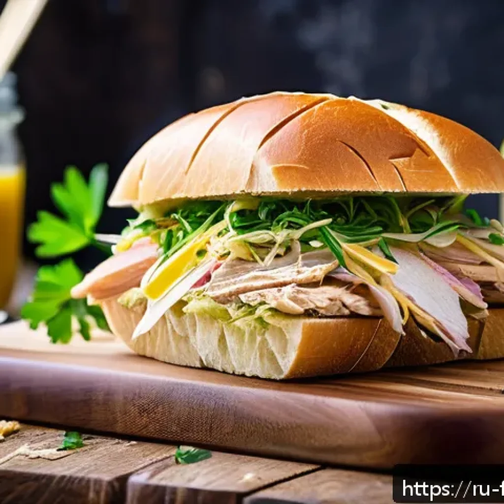 퓨전 샌드위치의 밀키트 활용법 - A vibrant fusion sandwich on a rustic wooden board, featuring smoked chicken breast layered with sau...