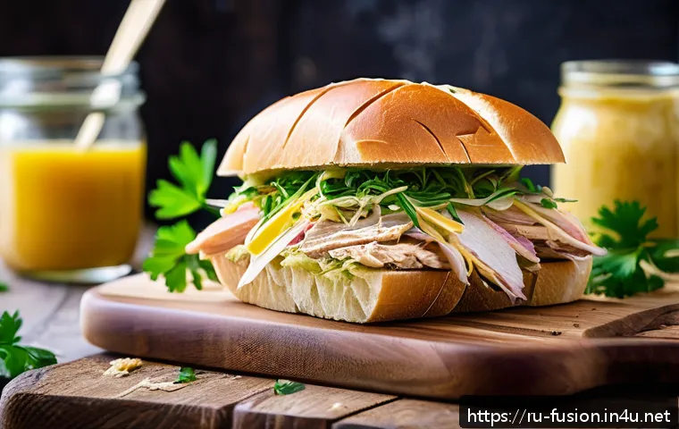퓨전 샌드위치의 밀키트 활용법 - A vibrant fusion sandwich on a rustic wooden board, featuring smoked chicken breast layered with sau...