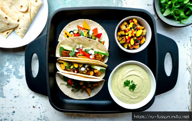 Home 30 퓨전 타코 DIY 패키지 - Photorealistic overhead view of a fusion taco DIY meal kit arranged neatly on a rustic kitchen table...