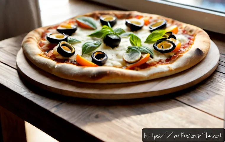 Home 17 퓨전 피자의 저염 크러스트 - Photorealistic close-up of a freshly baked fusion pizza with a visibly thin, golden low-sodium crust...