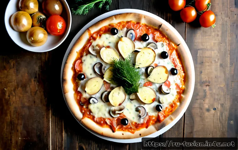 Home 17 퓨전 피자 재료 원산지 - Photorealistic overhead food photography of a Russian-inspired fusion pizza on a rustic wooden table...