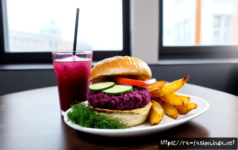 퓨전 패스트푸드의 비건 트렌드 - Photorealistic vegan fusion fast-food meal in a contemporary Moscow-style café: beetroot and chickpe...