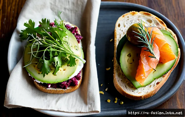 퓨전 샌드위치의 인기 조합 - Photorealistic overhead food photography of two popular Russian-inspired fusion sandwiches on a rust...