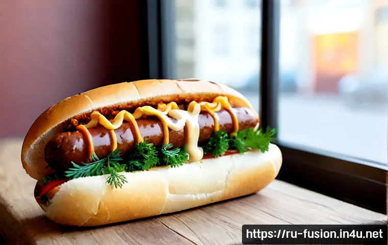 퓨전 핫도그와 크런치 토핑 - Photorealistic gourmet fusion hot dog on a rustic wooden board, grilled sausage in a soft toasted bu...