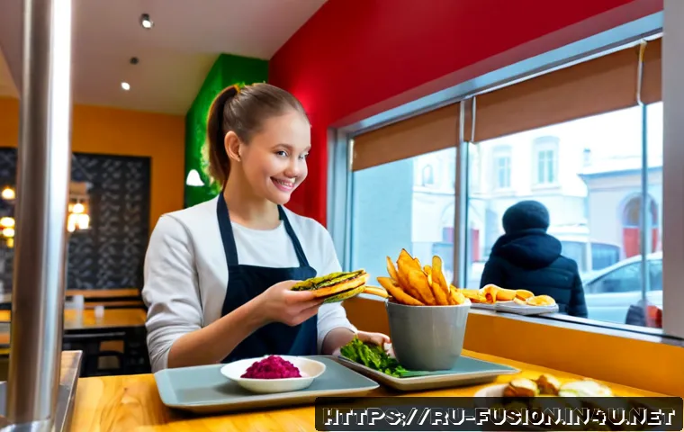 퓨전 패스트푸드의 비건 타겟팅 - Photorealistic modern vegan fusion fast-food café in Moscow, a cheerful young Russian customer choos...