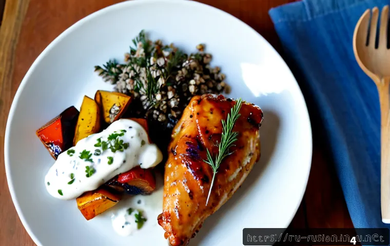 퓨전 치킨 영양소 상세 분석 - Photorealistic overhead food photography of a Russian-inspired fusion chicken meal: glazed grilled c...
